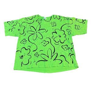 VTG 90s Neon Green Oversized Neon 90s Party T-shirt Cropped One Size Flowers